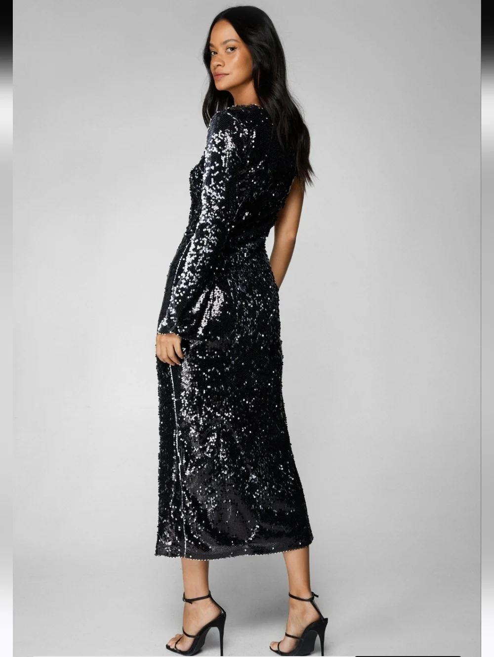 NWT Nasty Gal One Shoulder Sequin Maxi Dress size 4 Charcoal SEXY Ai-1898 - Picture 4 of 11
